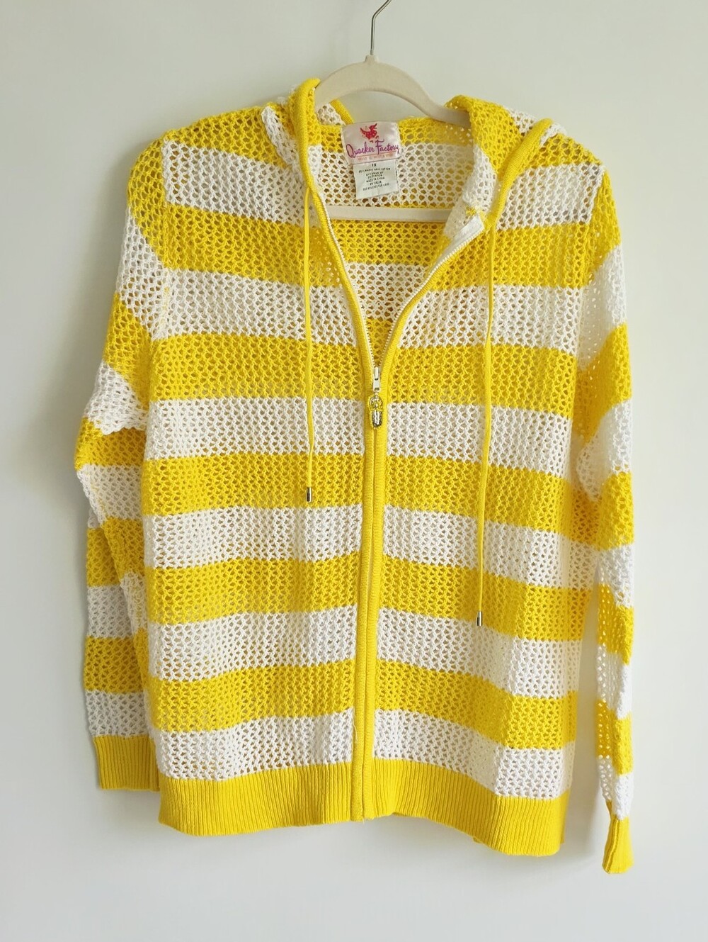 Quacker Factory Full Zip Sunny Yellow Open Knit Cover Up Hoodie Women's Size 1X
